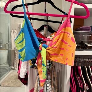 Colorful Tropical Print Tie Front Top